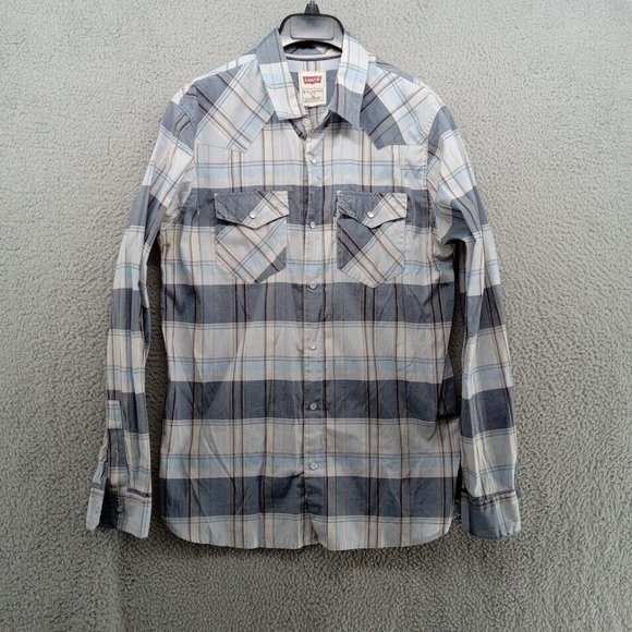 Levis Shirt Mens Medium Blue Plaid‎ Modern Fit Western Pearl Snap Double Pockets - Picture 1 of 7